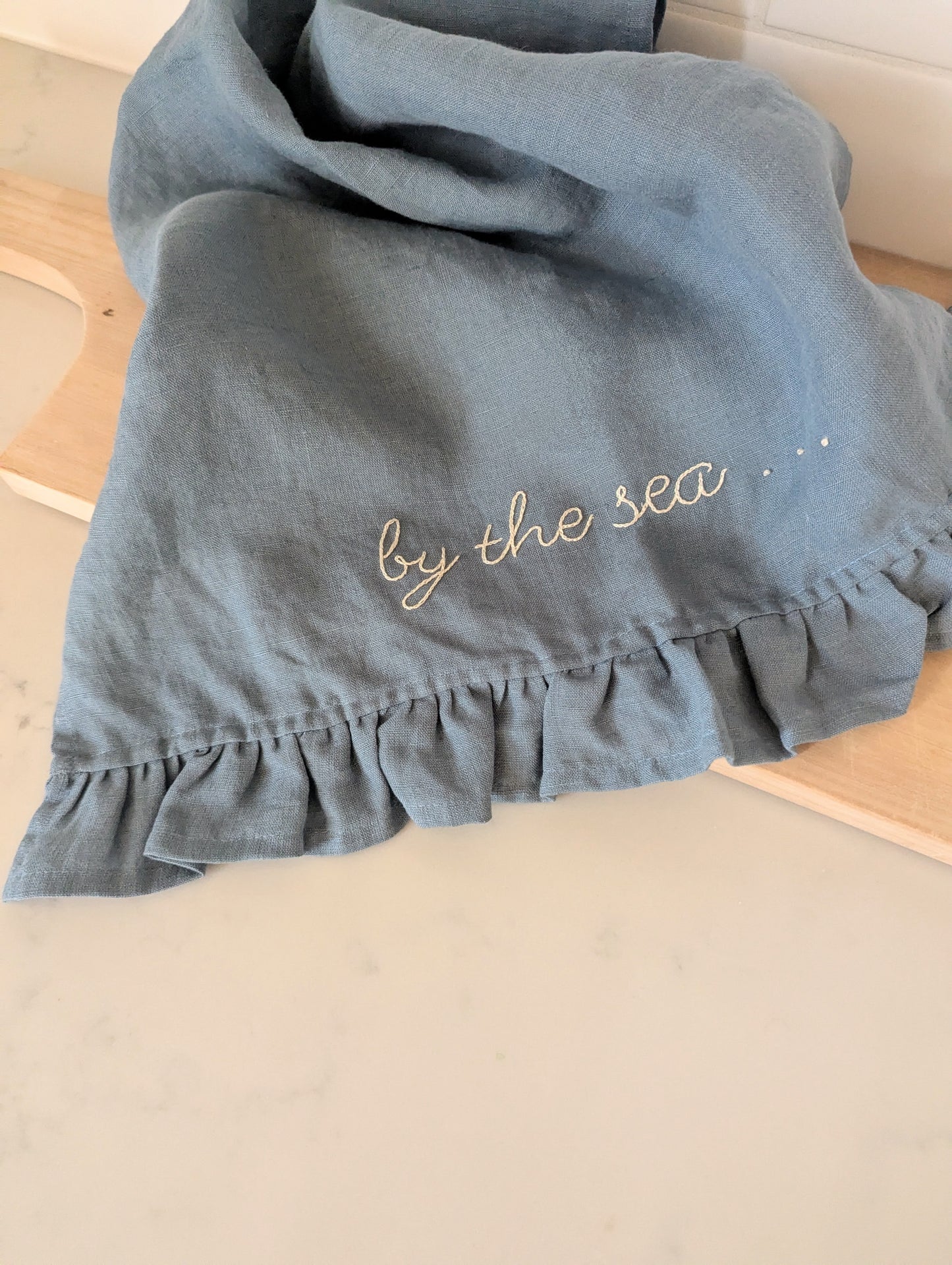 Grey-Blue Linen Ruffle T-Towel: By the sea...