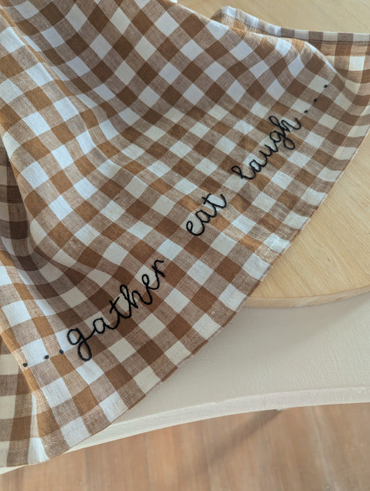 Cinnamon Gingham Linen T-Towel: ...Gather eat laugh...