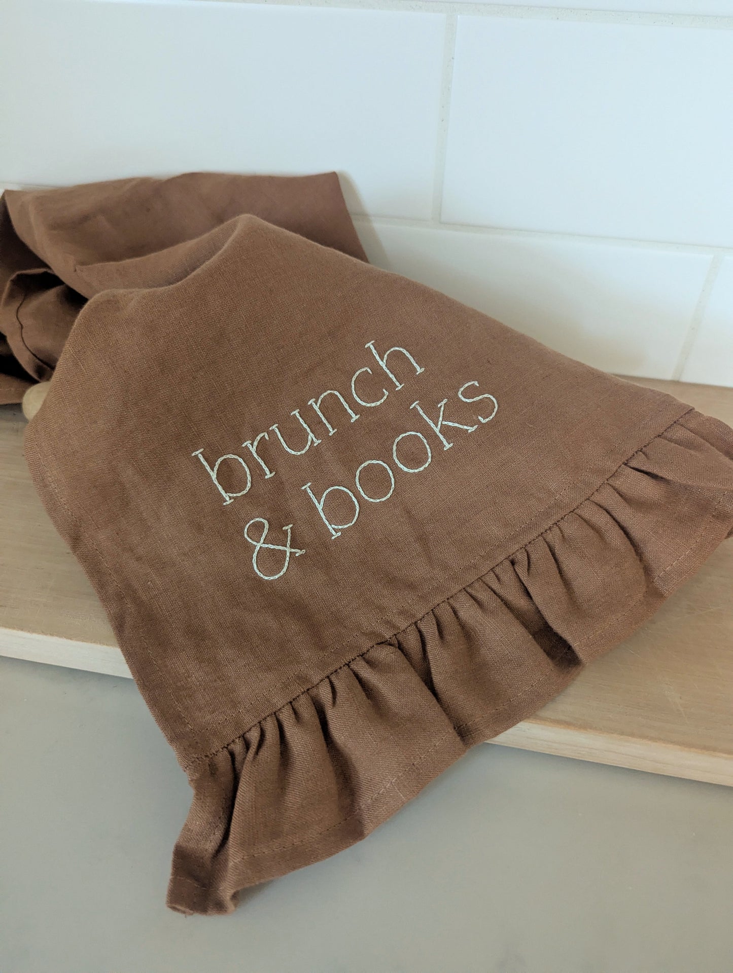Cinnamon Linen Ruffle T-Towel: Brunch & Books