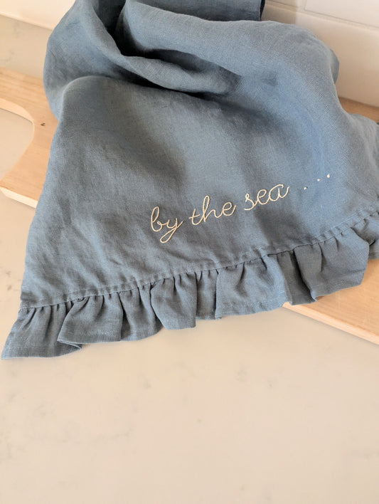 Grey-Blue Linen Ruffle T-Towel: By the sea...